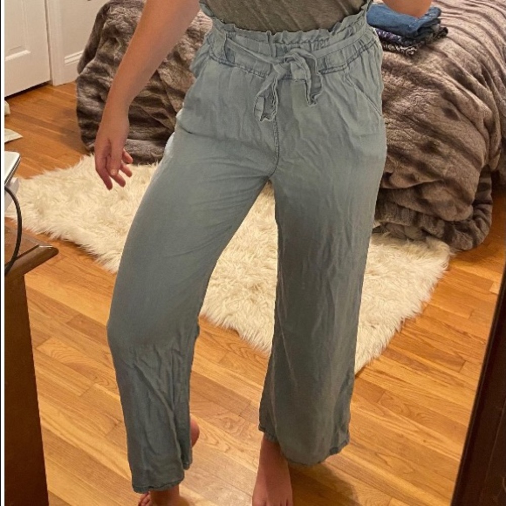 Blue Wide-Leg Tie Pants